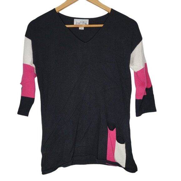 Joseph Ribkoff Black / White /‎ Pink Cut Out Half Sleeves V-Neck Women's Top M - Picture 1 of 5